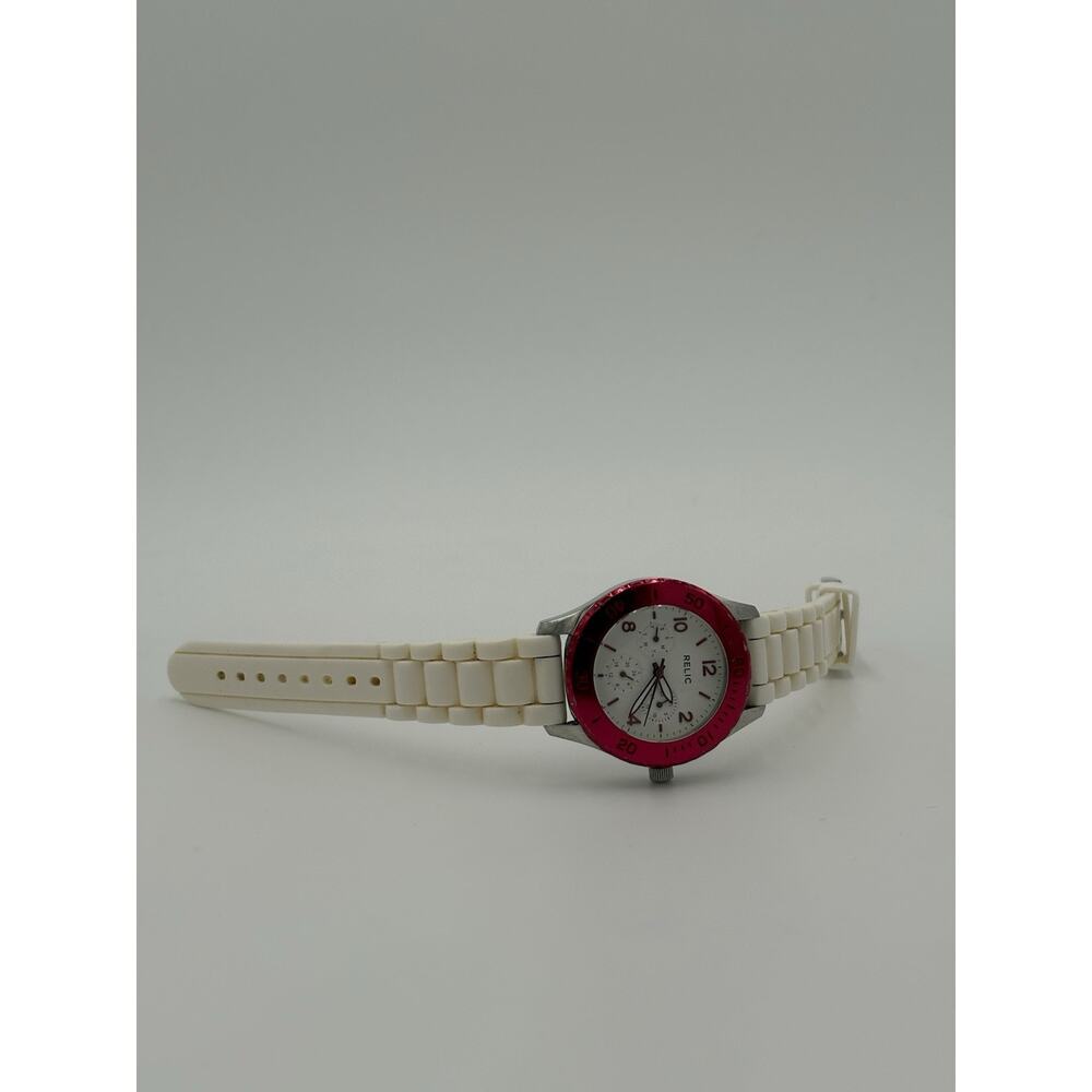 Ladies RELIC Silver Tone Pink Bezel Watch, White Silicone Strap Day/Date ZR15633
